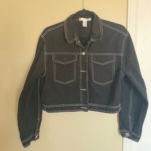 Revamped Black with White Stitching Denim Jacket, Size L